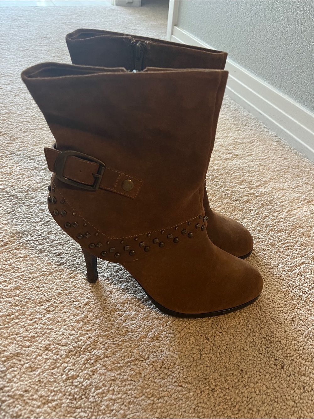 a.n.a Brown Suede Studded Mid-Calf Heeled Boots